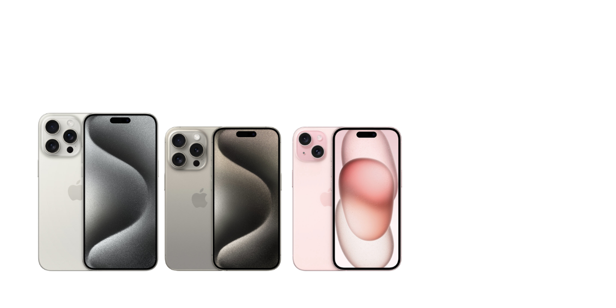 Image of Apple iPhone 15 Pro Max, 15 Pro and iPhone 15 in silver, dark grey and pink